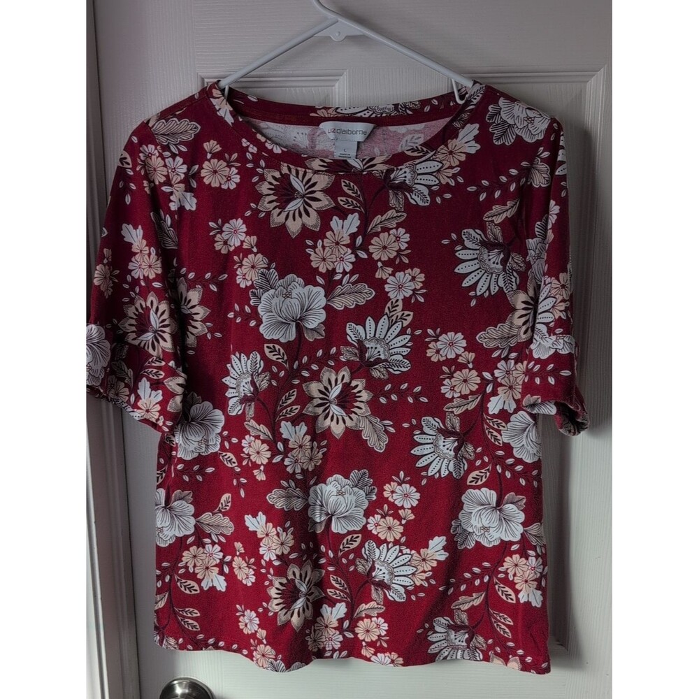 Liz Claiborne 100%Cotton Red Floral Short-Sleeve Tee Size L